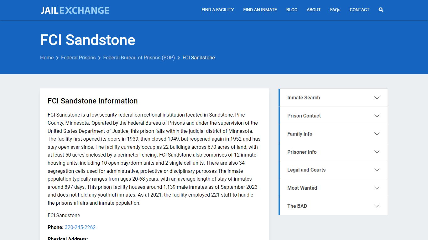 Federal Inmate Search - FCI Sandstone - Jail Exchange
