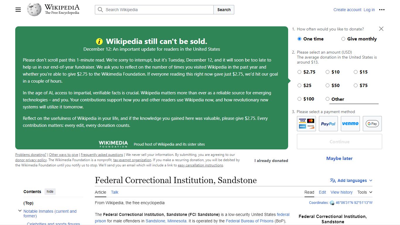 Federal Correctional Institution, Sandstone - Wikipedia